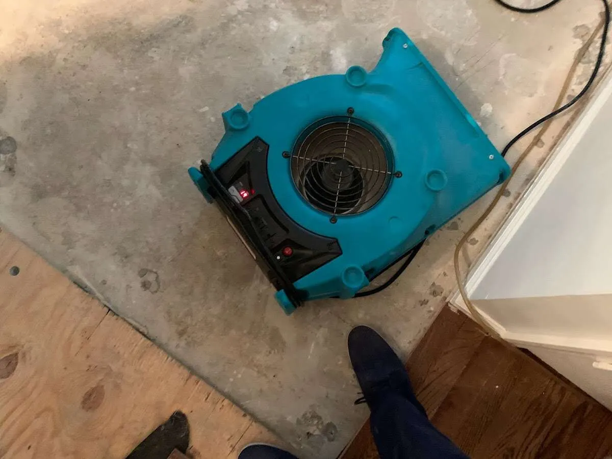 Air mover drying subfloor during Leak Detection & Repair in Running Springs